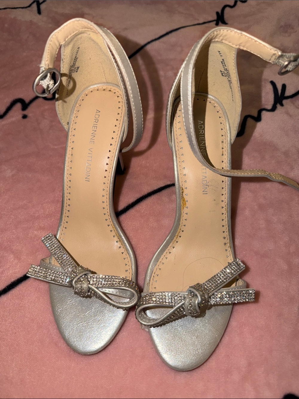 Adrienne Vittadini Silver Crystal Bow Ankle-Strap Heels